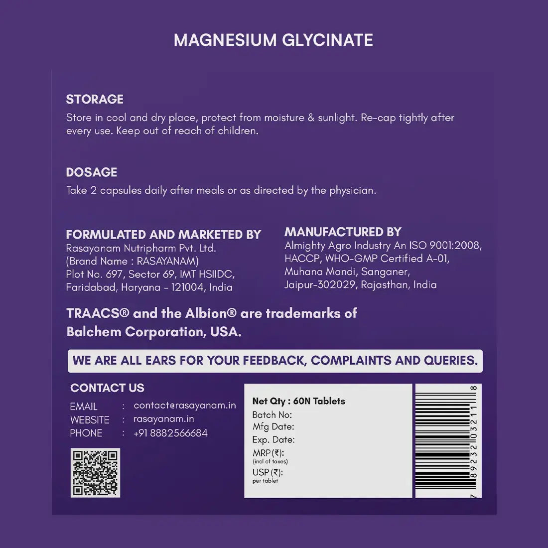 Back label of rasayanam magnesium glycinate