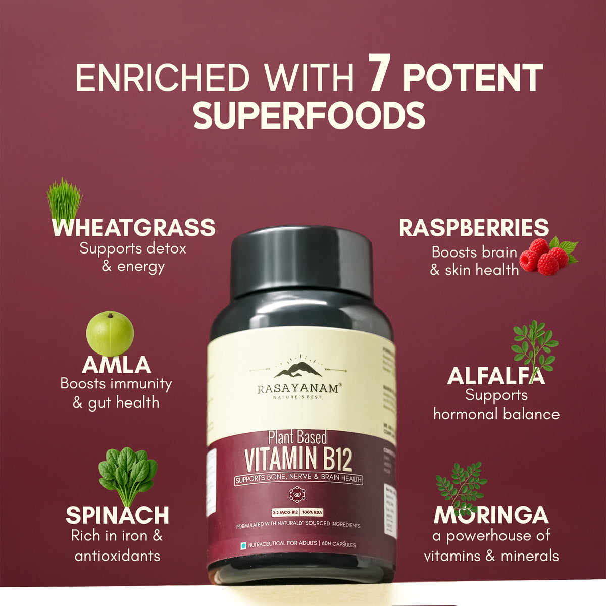 Vitamin B12 supplement bottle with superfood benefits