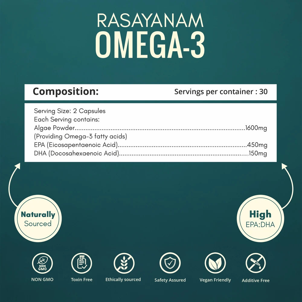 Rasayanam Omega-3 supplement label with nutritional informatio