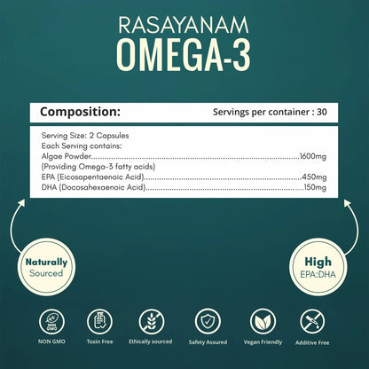 Rasayanam Omega-3 supplement label with nutritional informatio