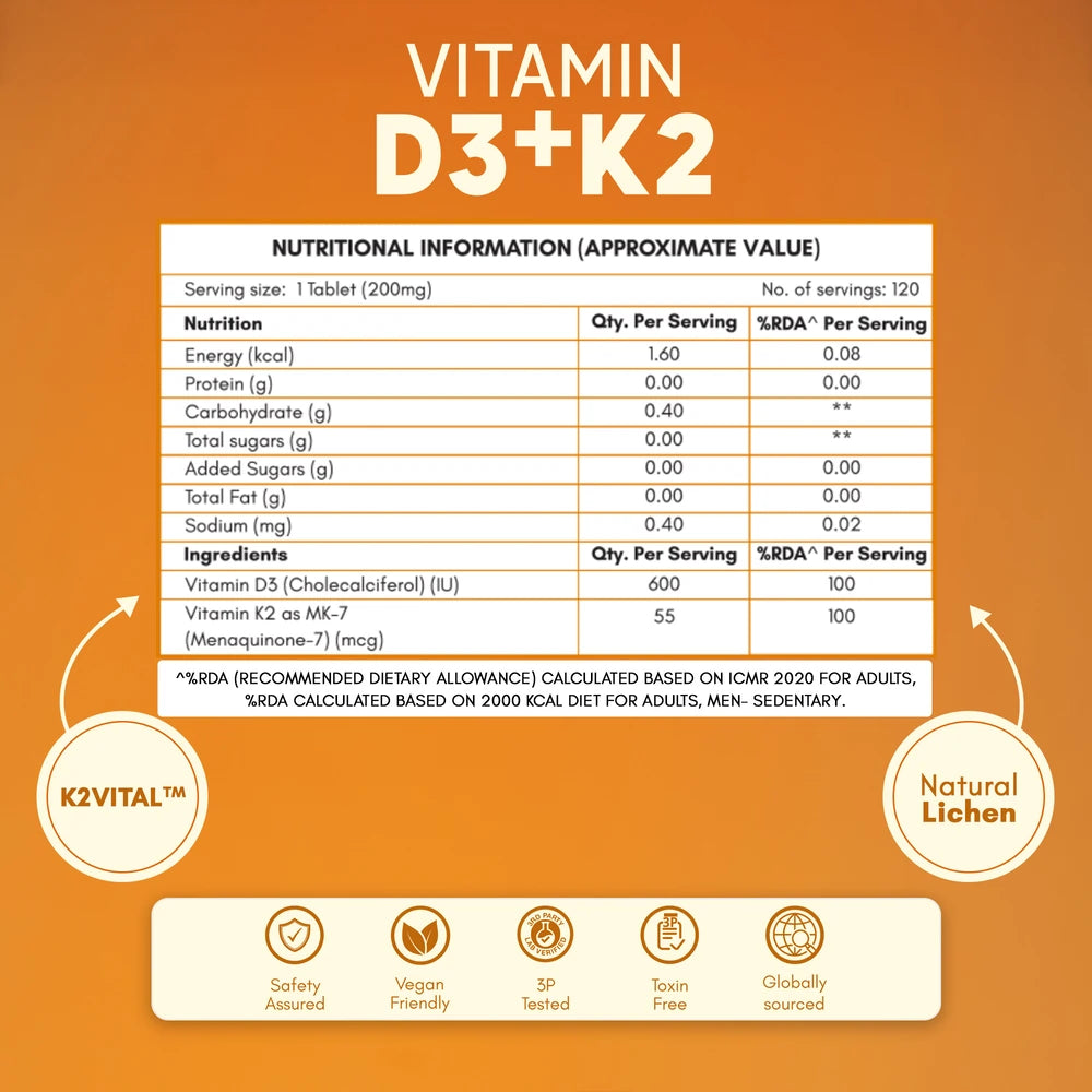 Nutritional information label for Vitamin D3+K2 supplement