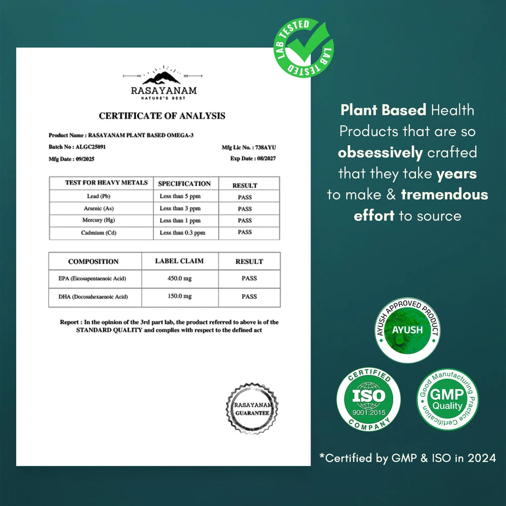 Certificate of Analysis for Rasayanam plant-based omega-3