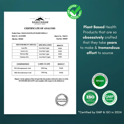 Certificate of Analysis for Rasayanam plant-based omega-3