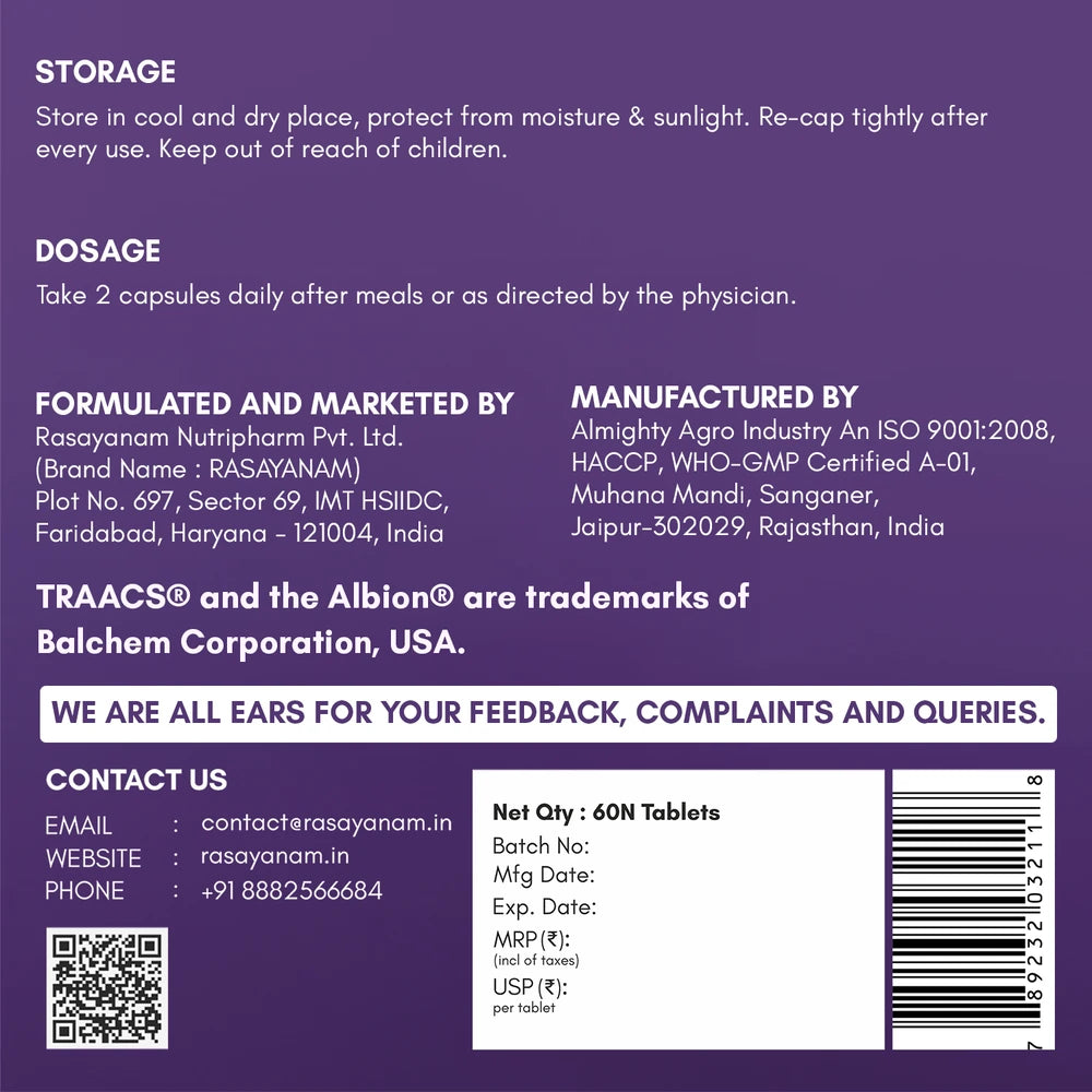 Rasayanam Magnesium Glycinate back label