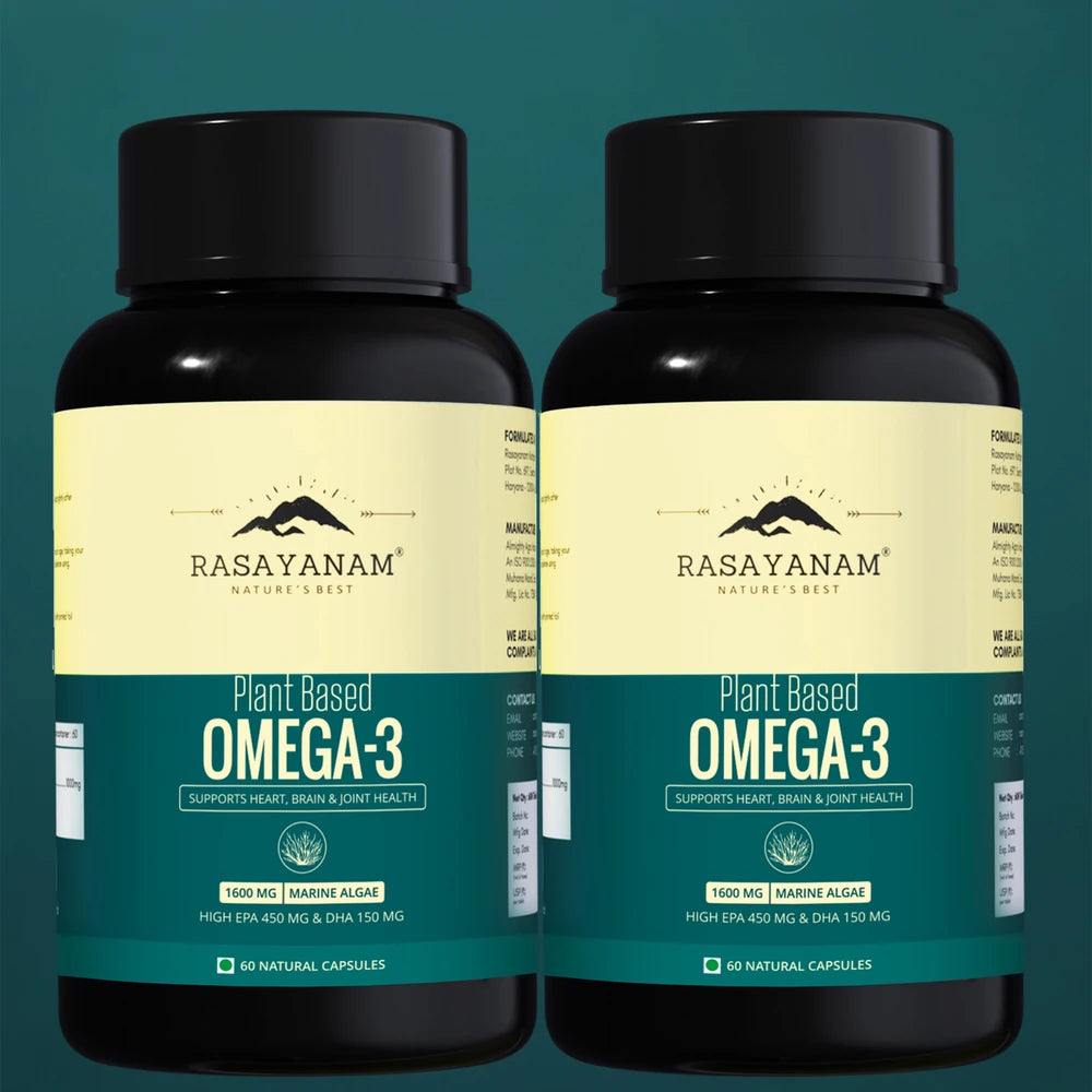 Two bottles of Rasyanam Plant Based Omega-3