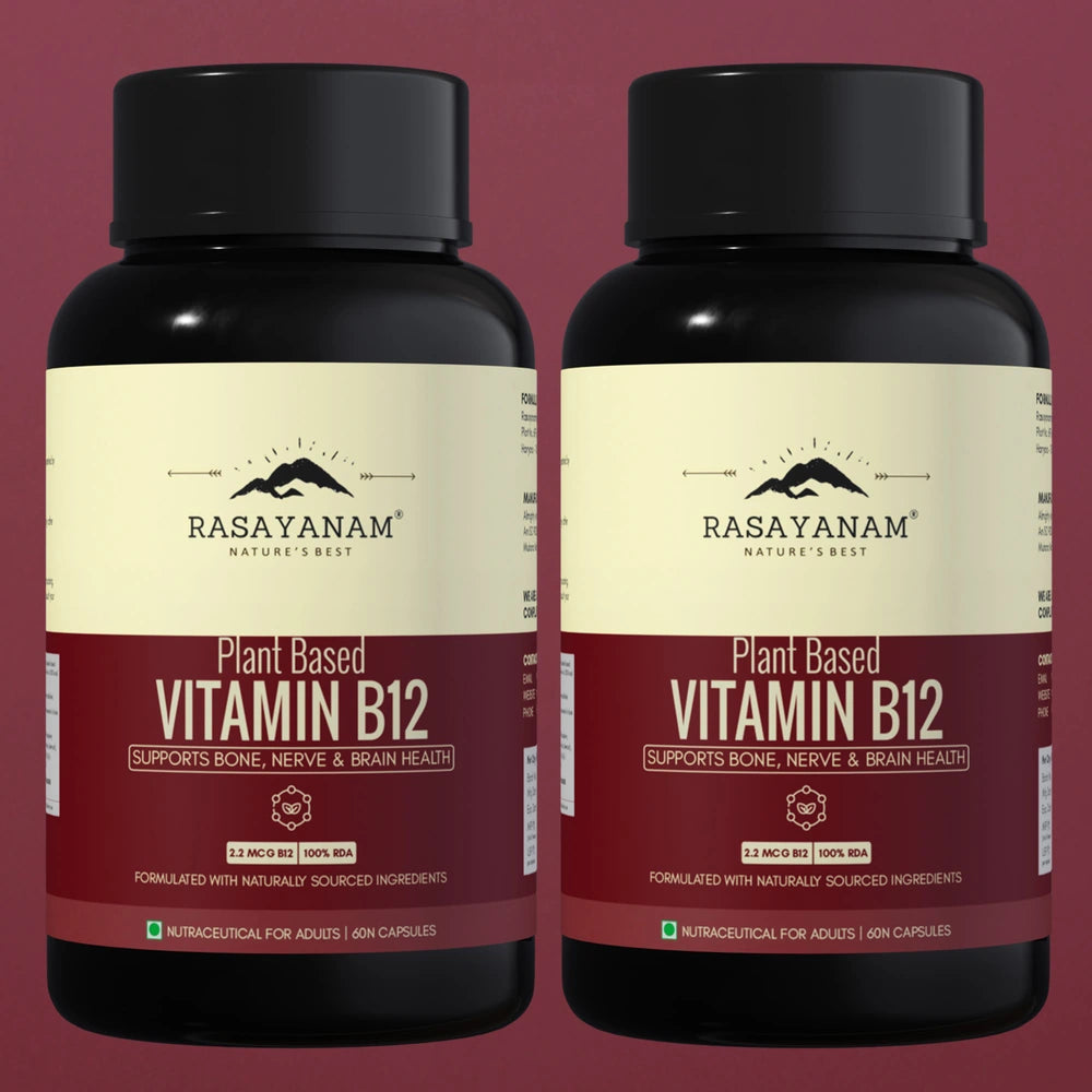 Two bottles of Rasayanam Plant Based Vitamin B12