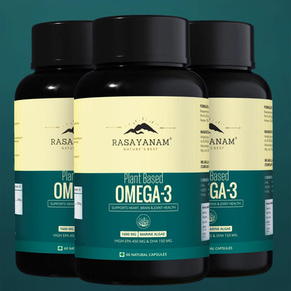 Three bottles of Rasayanam Plant Based Omega-3