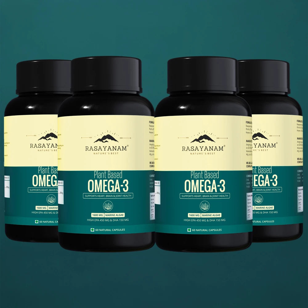 Four bottles of Rasayanam Plant Based Omega-3 supplement