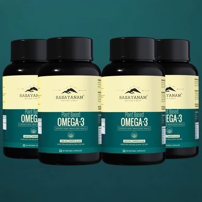 Four bottles of Rasayanam Plant Based Omega-3 supplement