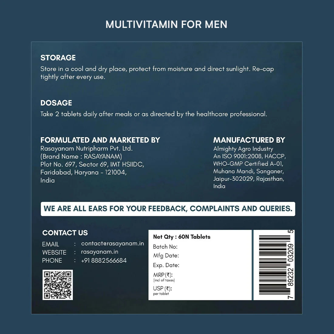 Back label of multivitamin for men