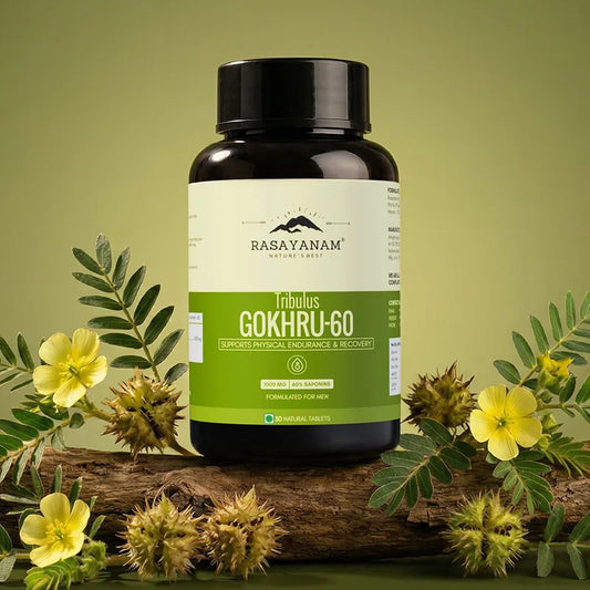 Bottle of Rasayanam Tribulus Gokhru-60 supplement with natural elements on a green background