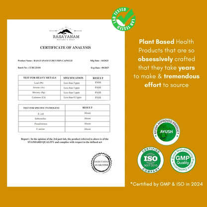 Rasayanam Certificate of Analysis of curcumin