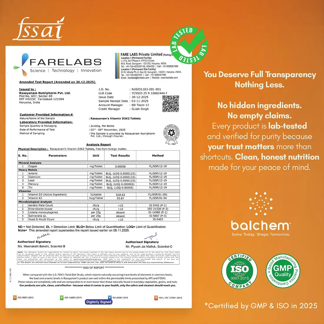 farelabs report of rasayanam vitamin d3