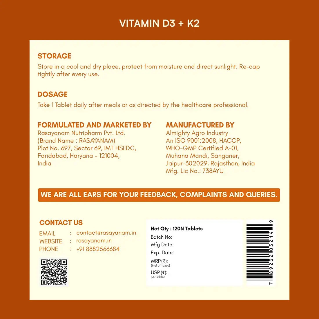 back label of rasayanam Vitamin D3 + K2
