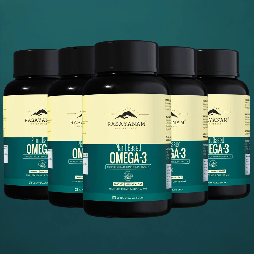 Five bottles of Rasayanam Plant Based Omega-3 supplement on a teal background