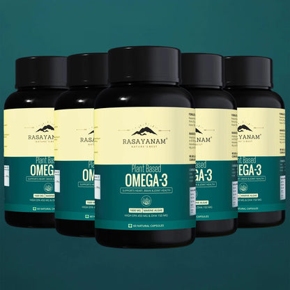 Five bottles of Rasayanam Plant Based Omega-3 supplement on a teal background
