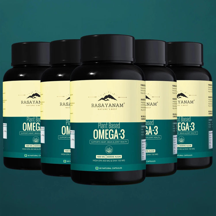 Five bottles of Rasayanam Plant Based Omega-3 supplement on a teal background