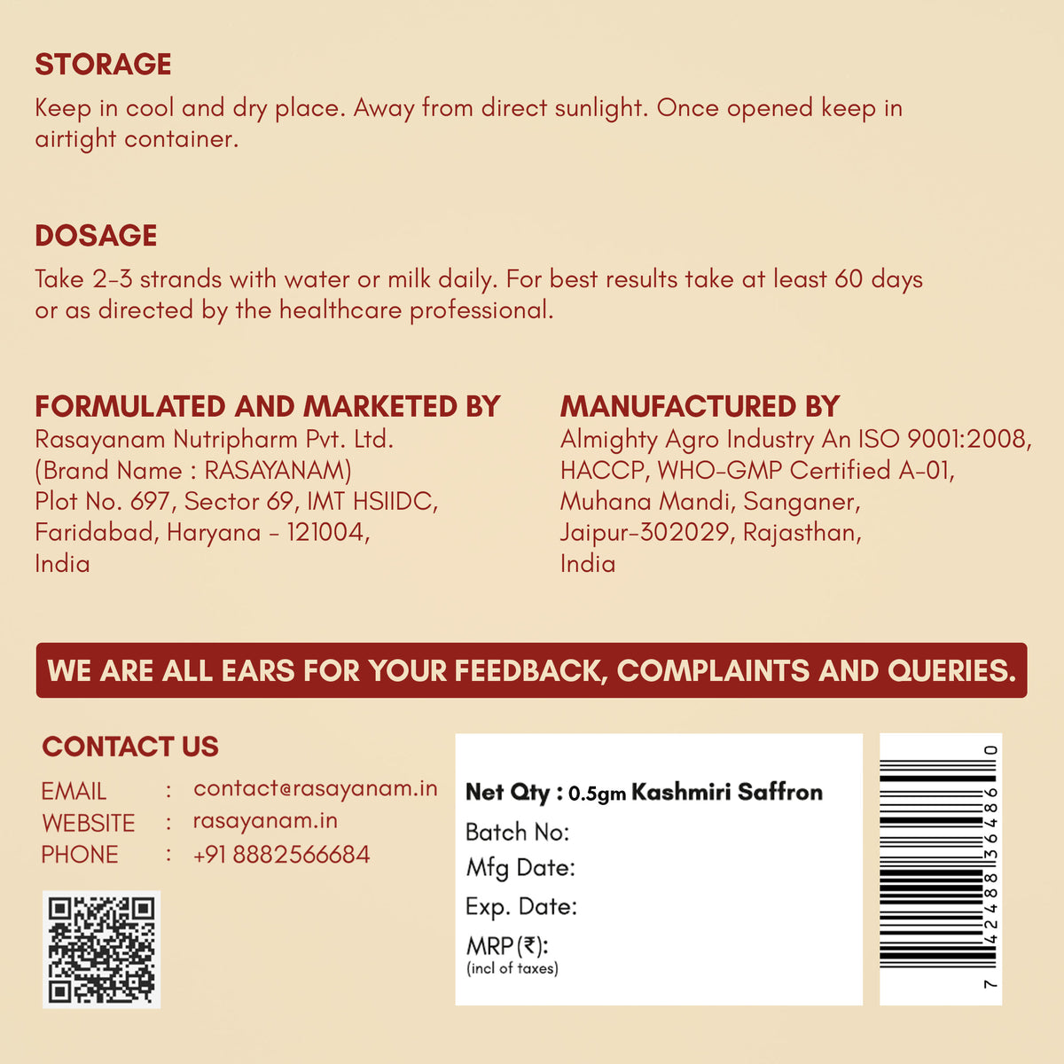 Kashmiri Saffron package with text and contact information.