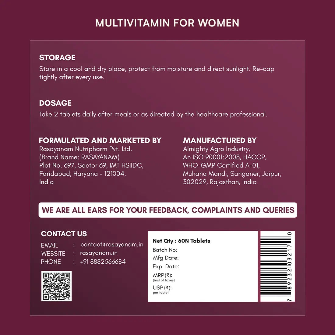 Back label of a multivitamin for women