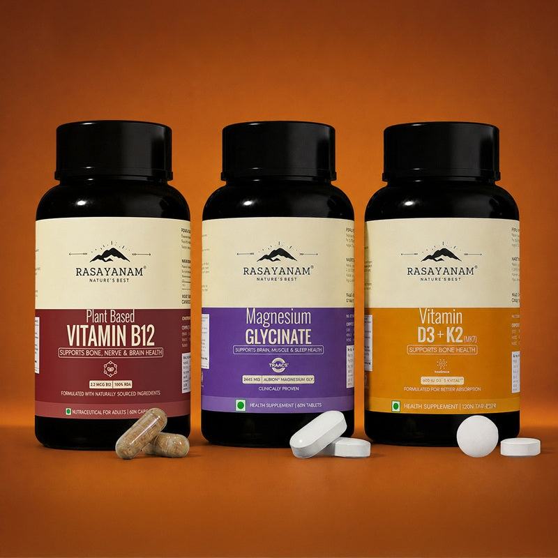 Magnesium Glycinate + Vitamin D3K2 + Plant Based Vitamin B12 Combo