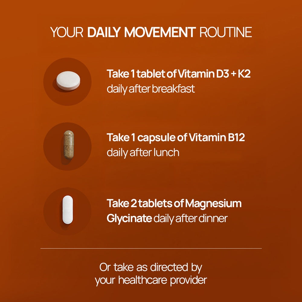 Magnesium Glycinate + Vitamin D3K2 + Plant Based Vitamin B12 Combo